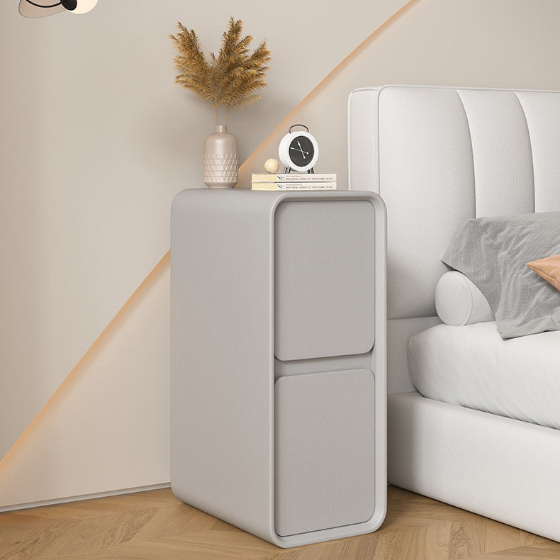 Modern Minimalist Solid Wood And Microfiber Leather Rectangular Narrow Nightstand With 2 Drawers For Bedroom