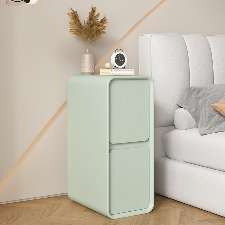 Modern Minimalist Solid Wood And Microfiber Leather Rectangular Narrow Nightstand With 2 Drawers For Bedroom