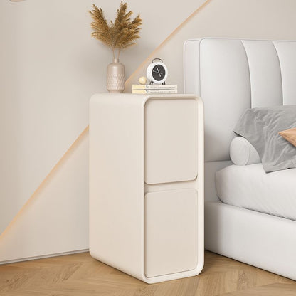 Modern Minimalist Solid Wood And Microfiber Leather Rectangular Narrow Nightstand With 2 Drawers For Bedroom