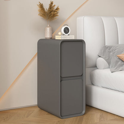 Modern Minimalist Solid Wood And Microfiber Leather Rectangular Narrow Nightstand With 2 Drawers For Bedroom