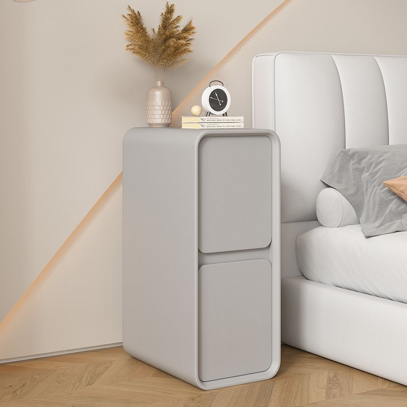 Modern Minimalist Solid Wood And Microfiber Leather Rectangular Narrow Nightstand With 2 Drawers For Bedroom