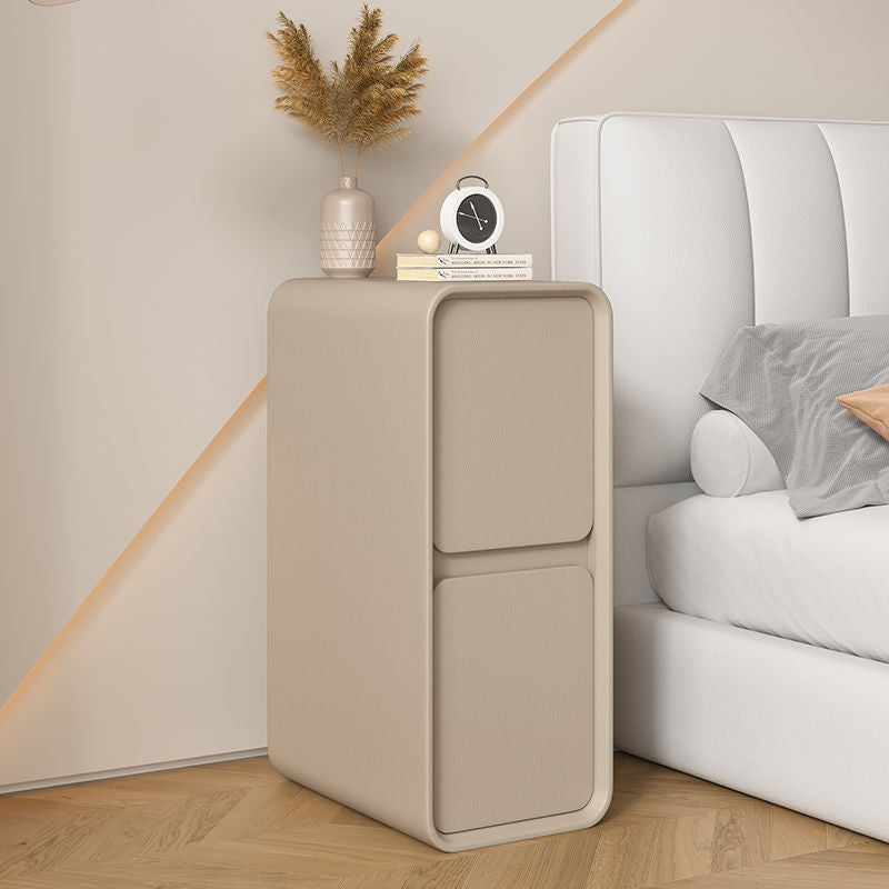 Modern Minimalist Solid Wood And Microfiber Leather Rectangular Narrow Nightstand With 2 Drawers For Bedroom