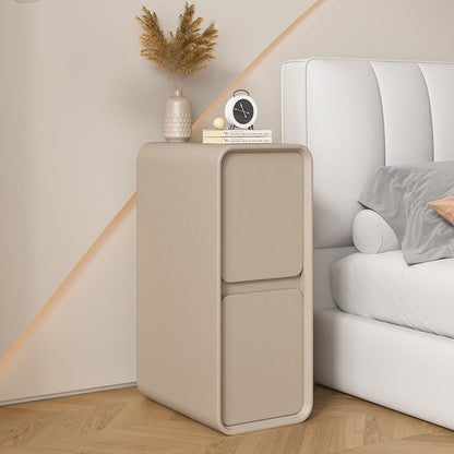 Modern Minimalist Solid Wood And Microfiber Leather Rectangular Narrow Nightstand With 2 Drawers For Bedroom