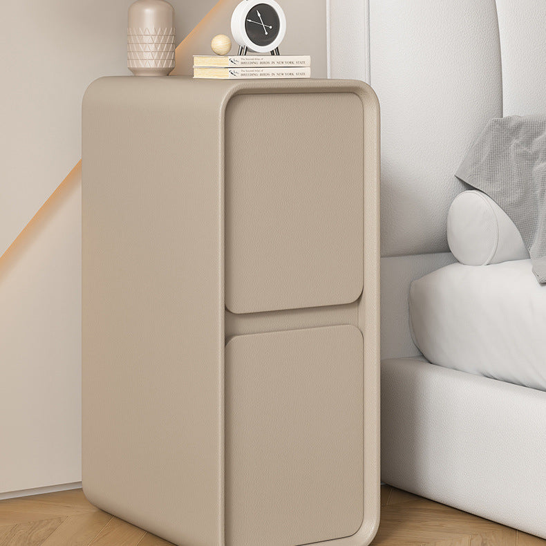 Modern Minimalist Solid Wood And Microfiber Leather Rectangular Narrow Nightstand With 2 Drawers For Bedroom