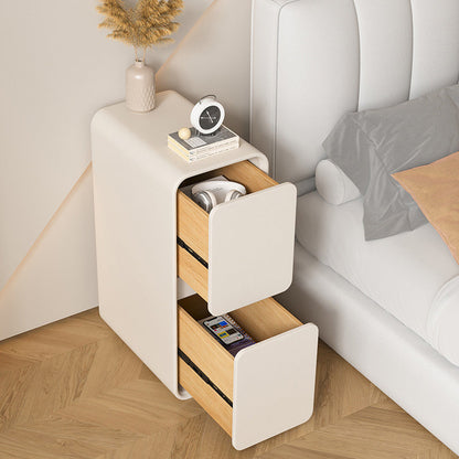Modern Minimalist Solid Wood And Microfiber Leather Rectangular Narrow Nightstand With 2 Drawers For Bedroom