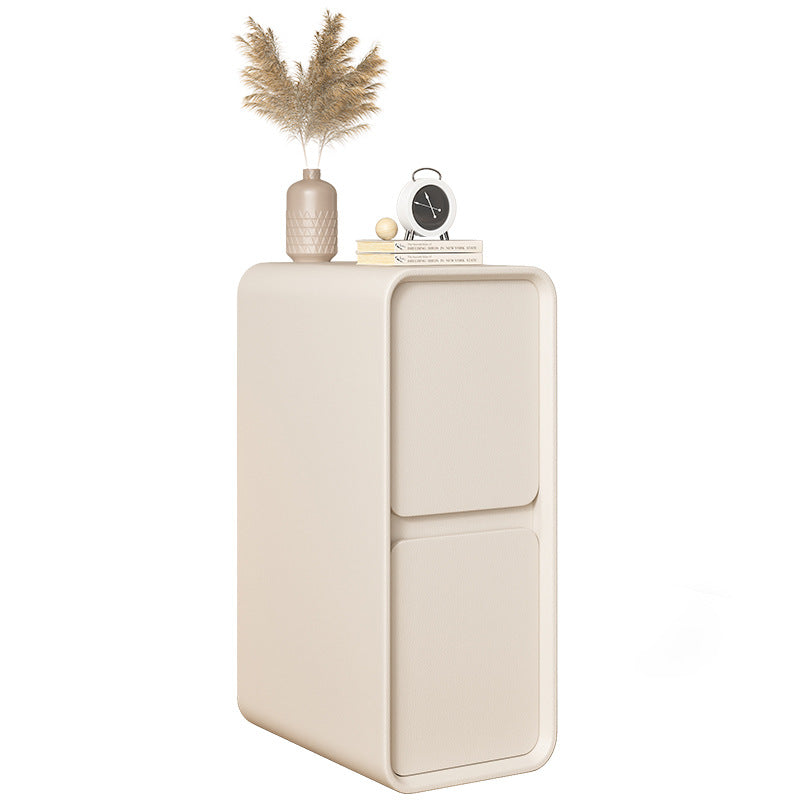 Modern Minimalist Solid Wood And Microfiber Leather Rectangular Narrow Nightstand With 2 Drawers For Bedroom