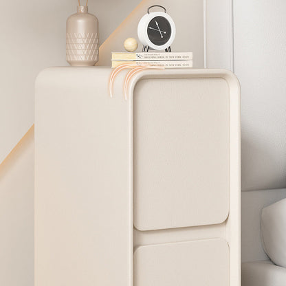 Modern Minimalist Solid Wood And Microfiber Leather Rectangular Narrow Nightstand With 2 Drawers For Bedroom