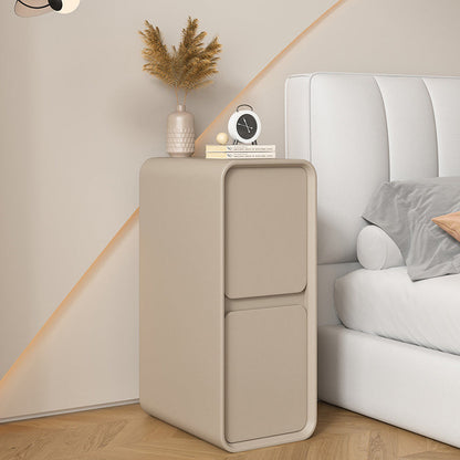 Modern Minimalist Solid Wood And Microfiber Leather Rectangular Narrow Nightstand With 2 Drawers For Bedroom