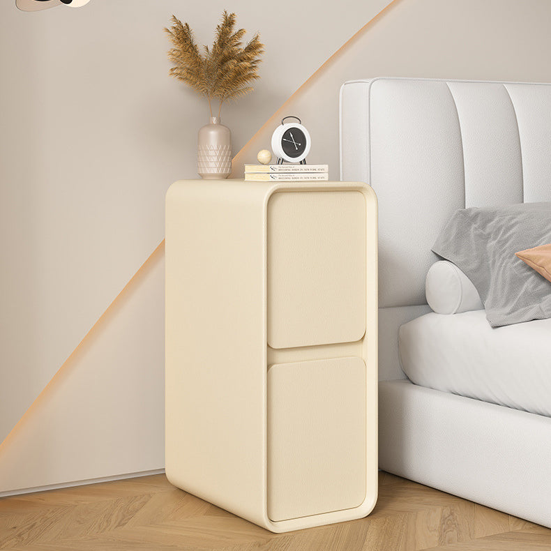 Modern Minimalist Solid Wood And Microfiber Leather Rectangular Narrow Nightstand With 2 Drawers For Bedroom