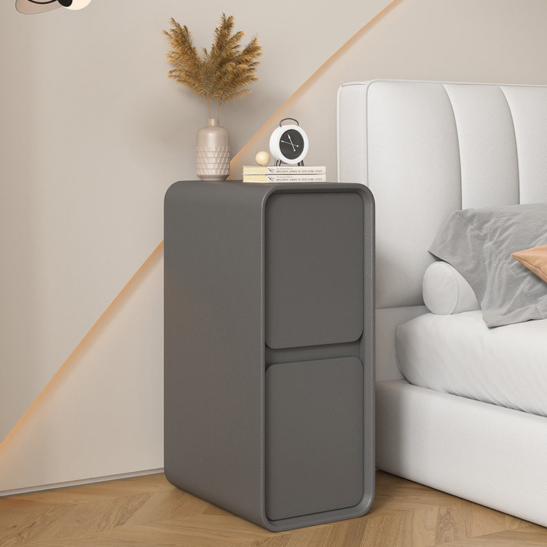 Modern Minimalist Solid Wood And Microfiber Leather Rectangular Narrow Nightstand With 2 Drawers For Bedroom