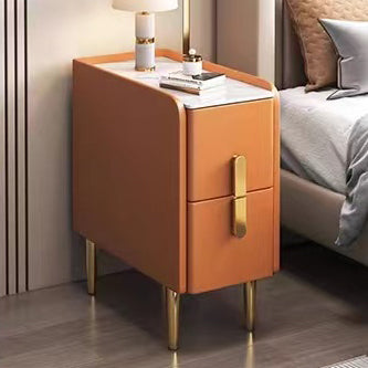Contemporary Nordic Slab Faux Leather Solid Wood And Carbon Steel Narrow Rectangular Nightstand With 2 Drawers For Bedroom