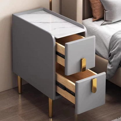 Contemporary Nordic Slab Faux Leather Solid Wood And Carbon Steel Narrow Rectangular Nightstand With 2 Drawers For Bedroom