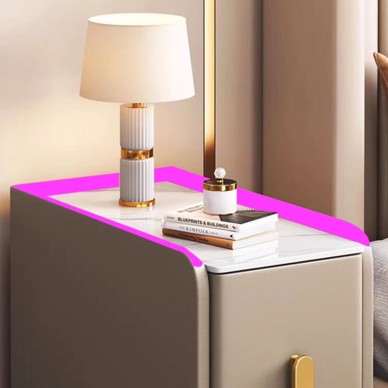 Contemporary Nordic Slab Faux Leather Solid Wood And Carbon Steel Narrow Rectangular Nightstand With 2 Drawers For Bedroom