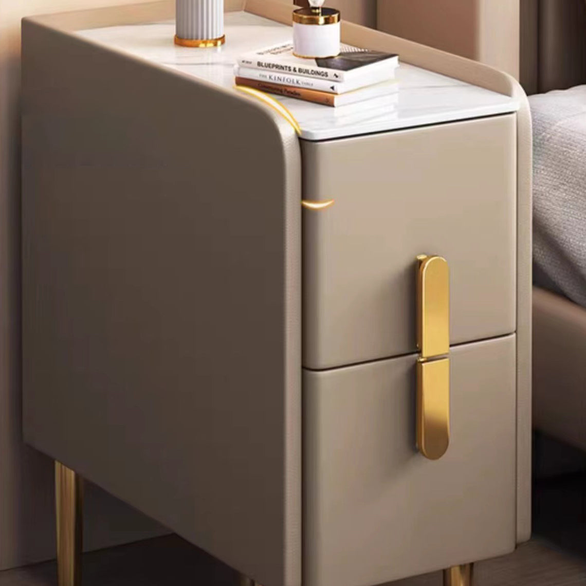 Contemporary Nordic Slab Faux Leather Solid Wood And Carbon Steel Narrow Rectangular Nightstand With 2 Drawers For Bedroom