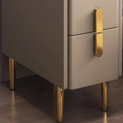 Contemporary Nordic Slab Faux Leather Solid Wood And Carbon Steel Narrow Rectangular Nightstand With 2 Drawers For Bedroom