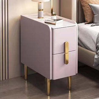 Contemporary Nordic Slab Faux Leather Solid Wood And Carbon Steel Narrow Rectangular Nightstand With 2 Drawers For Bedroom