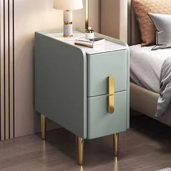 Contemporary Nordic Slab Faux Leather Solid Wood And Carbon Steel Narrow Rectangular Nightstand With 2 Drawers For Bedroom
