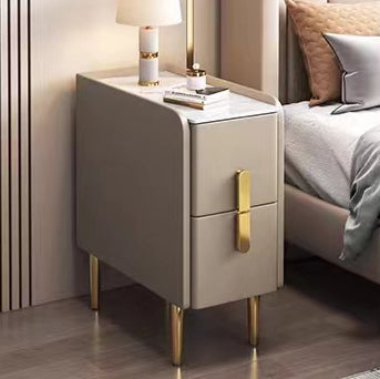 Contemporary Nordic Slab Faux Leather Solid Wood And Carbon Steel Narrow Rectangular Nightstand With 2 Drawers For Bedroom