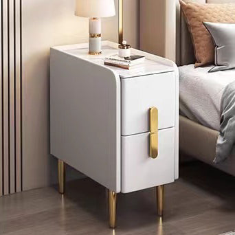 Contemporary Nordic Slab Faux Leather Solid Wood And Carbon Steel Narrow Rectangular Nightstand With 2 Drawers For Bedroom