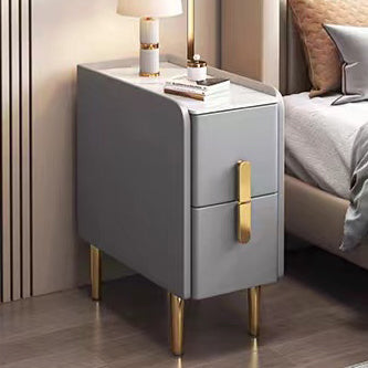 Contemporary Nordic Slab Faux Leather Solid Wood And Carbon Steel Narrow Rectangular Nightstand With 2 Drawers For Bedroom