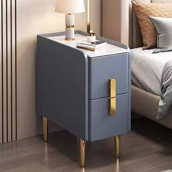 Contemporary Nordic Slab Faux Leather Solid Wood And Carbon Steel Narrow Rectangular Nightstand With 2 Drawers For Bedroom
