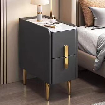 Contemporary Nordic Slab Faux Leather Solid Wood And Carbon Steel Narrow Rectangular Nightstand With 2 Drawers For Bedroom