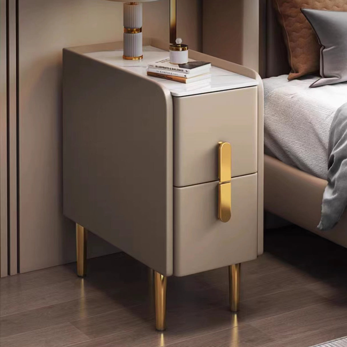 Contemporary Nordic Slab Faux Leather Solid Wood And Carbon Steel Narrow Rectangular Nightstand With 2 Drawers For Bedroom