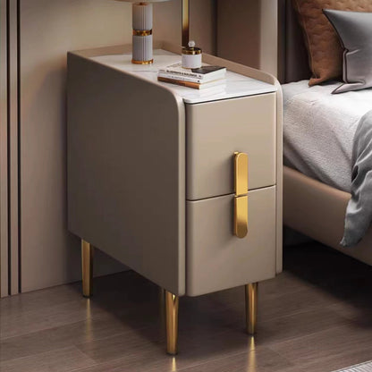 Contemporary Nordic Slab Faux Leather Solid Wood And Carbon Steel Narrow Rectangular Nightstand With 2 Drawers For Bedroom