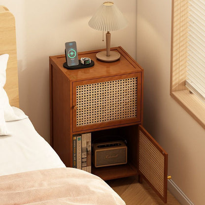 Contemporary Retro Weaving Bamboo Fiberboard And Glass Rectangular Nightstand 2 Storage Cabinets For Bedroom
