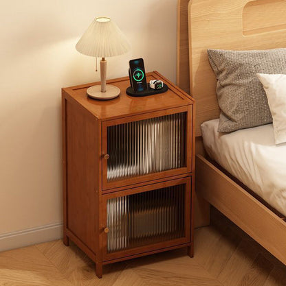 Contemporary Retro Weaving Bamboo Fiberboard And Glass Rectangular Nightstand 2 Storage Cabinets For Bedroom