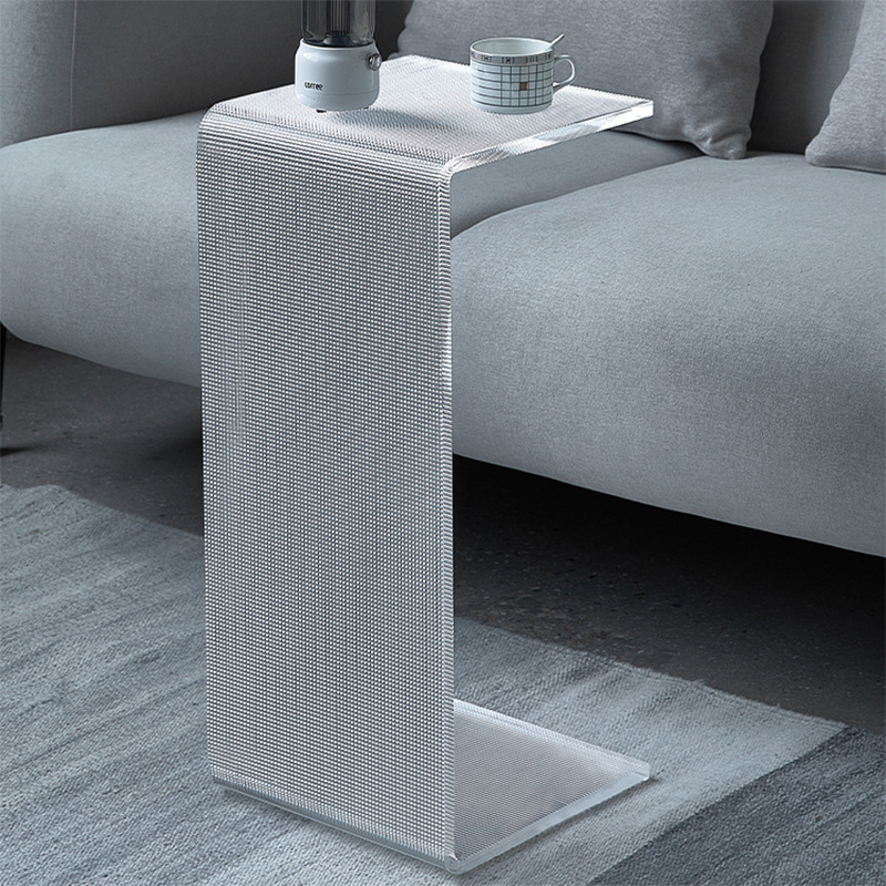 Modern Minimalist Acrylic C-Shaped Rectangular Side Table With Mosaic Texture For Living Room & Bedroom