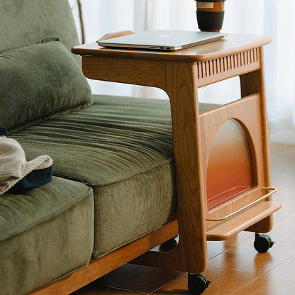 Contemporary Nordic Cherry Wood & Acrylic Rectangular C-Shaped Movable Side Table With 1-Cabinet And Display Shelf For Living Room & Bedroom