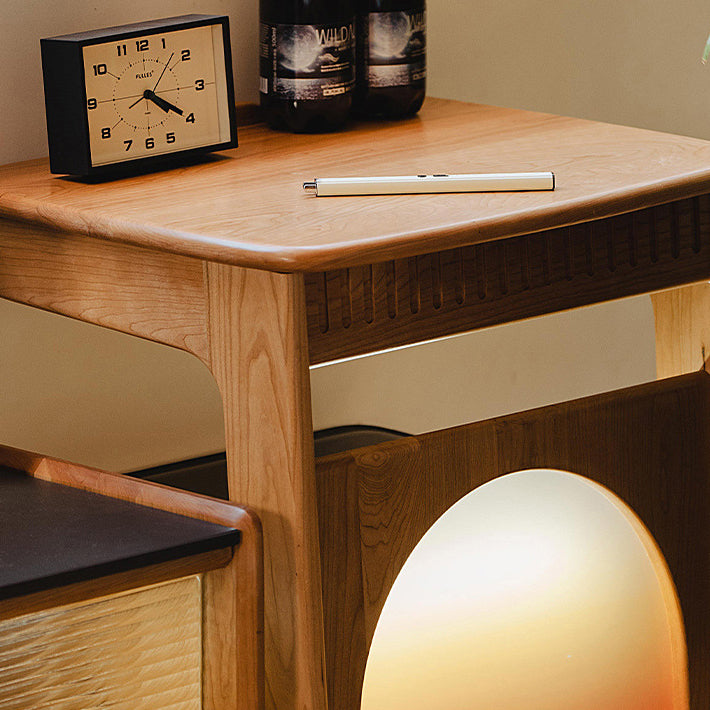 Contemporary Nordic Cherry Wood & Acrylic Rectangular C-Shaped Movable Side Table With 1-Cabinet And Display Shelf For Living Room & Bedroom