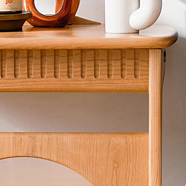 Contemporary Nordic Cherry Wood & Acrylic Rectangular C-Shaped Movable Side Table With 1-Cabinet And Display Shelf For Living Room & Bedroom