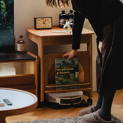 Contemporary Nordic Cherry Wood & Acrylic Rectangular C-Shaped Movable Side Table With 1-Cabinet And Display Shelf For Living Room & Bedroom