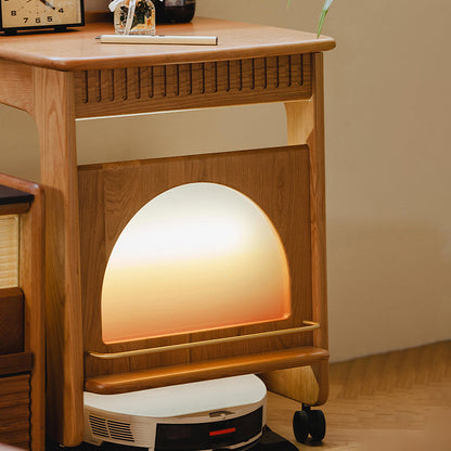 Contemporary Nordic Cherry Wood & Acrylic Rectangular C-Shaped Movable Side Table With 1-Cabinet And Display Shelf For Living Room & Bedroom