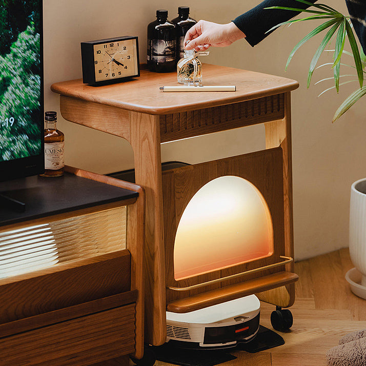 Contemporary Nordic Cherry Wood & Acrylic Rectangular C-Shaped Movable Side Table With 1-Cabinet And Display Shelf For Living Room & Bedroom