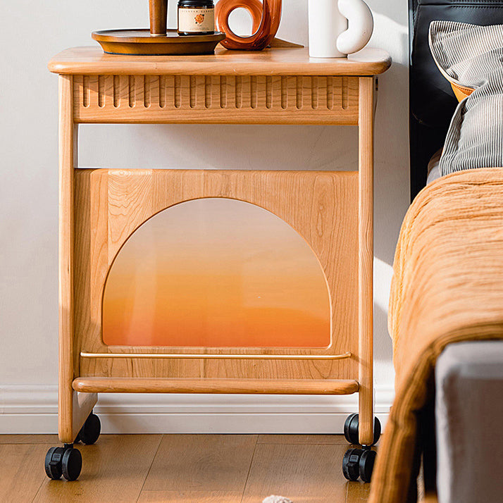Contemporary Nordic Cherry Wood & Acrylic Rectangular C-Shaped Movable Side Table With 1-Cabinet And Display Shelf For Living Room & Bedroom