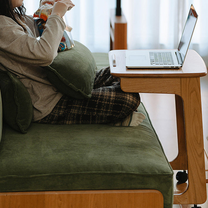 Contemporary Nordic Cherry Wood & Acrylic Rectangular C-Shaped Movable Side Table With 1-Cabinet And Display Shelf For Living Room & Bedroom