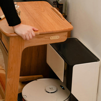 Contemporary Nordic Cherry Wood & Acrylic Rectangular C-Shaped Movable Side Table With 1-Cabinet And Display Shelf For Living Room & Bedroom