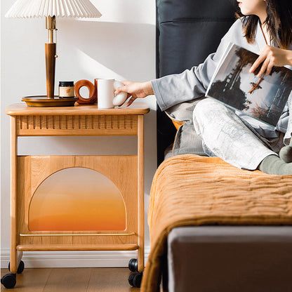 Contemporary Nordic Cherry Wood & Acrylic Rectangular C-Shaped Movable Side Table With 1-Cabinet And Display Shelf For Living Room & Bedroom