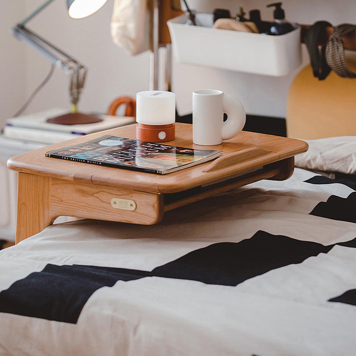 Contemporary Nordic Cherry Wood & Acrylic Rectangular C-Shaped Movable Side Table With 1-Cabinet And Display Shelf For Living Room & Bedroom