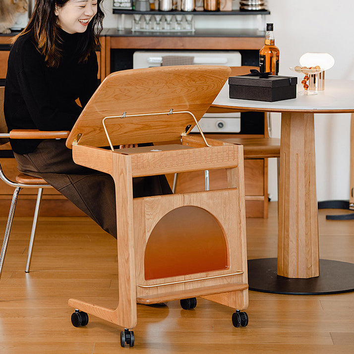 Contemporary Nordic Cherry Wood & Acrylic Rectangular C-Shaped Movable Side Table With 1-Cabinet And Display Shelf For Living Room & Bedroom