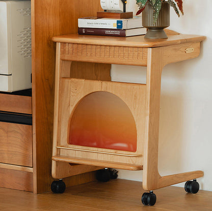 Contemporary Nordic Cherry Wood & Acrylic Rectangular C-Shaped Movable Side Table With 1-Cabinet And Display Shelf For Living Room & Bedroom