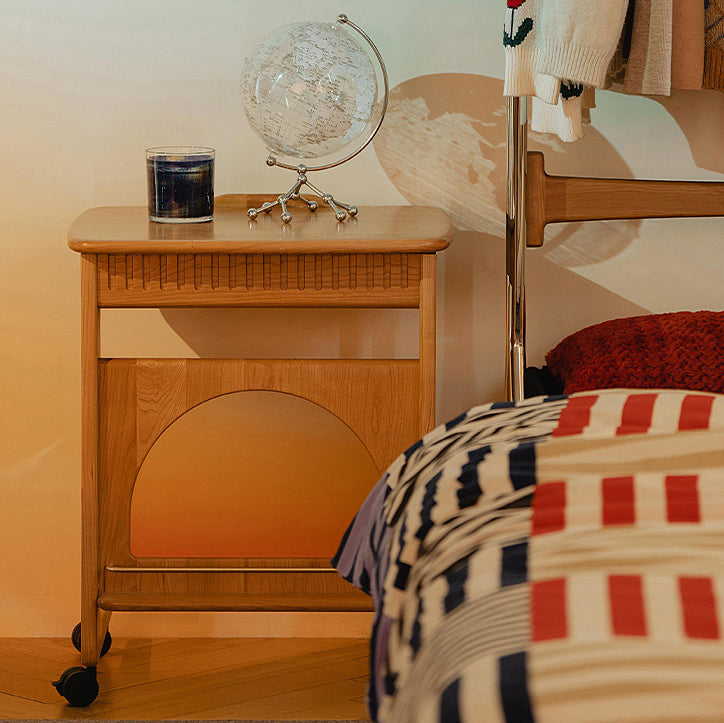 Contemporary Nordic Cherry Wood & Acrylic Rectangular C-Shaped Movable Side Table With 1-Cabinet And Display Shelf For Living Room & Bedroom