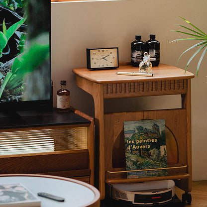 Contemporary Nordic Cherry Wood & Acrylic Rectangular C-Shaped Movable Side Table With 1-Cabinet And Display Shelf For Living Room & Bedroom