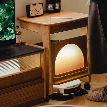 Contemporary Nordic Cherry Wood & Acrylic Rectangular C-Shaped Movable Side Table With 1-Cabinet And Display Shelf For Living Room & Bedroom