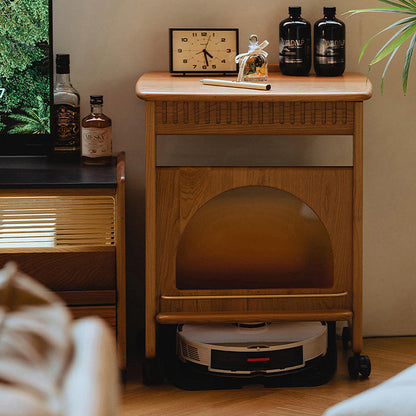 Contemporary Nordic Cherry Wood & Acrylic Rectangular C-Shaped Movable Side Table With 1-Cabinet And Display Shelf For Living Room & Bedroom