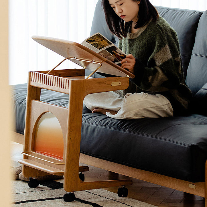 Contemporary Nordic Cherry Wood & Acrylic Rectangular C-Shaped Movable Side Table With 1-Cabinet And Display Shelf For Living Room & Bedroom