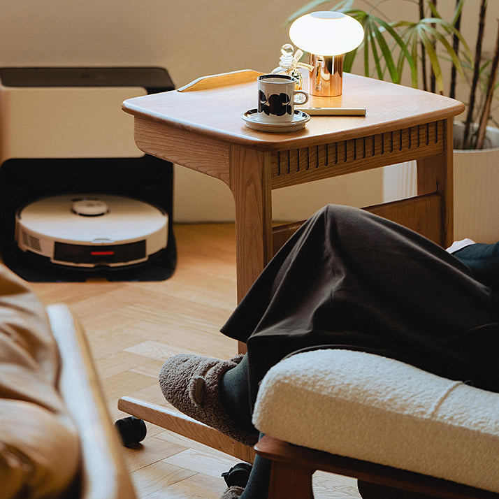 Contemporary Nordic Cherry Wood & Acrylic Rectangular C-Shaped Movable Side Table With 1-Cabinet And Display Shelf For Living Room & Bedroom